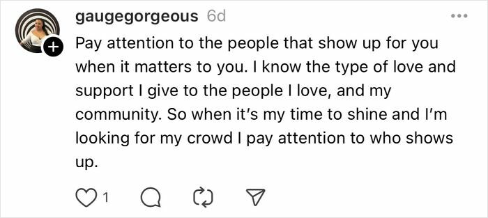 Social media post about valuing support and community, emphasizing mindfulness in relationships.