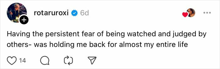 "Social media post about overcoming fear of judgment, shared by a user discussing past mistakes."