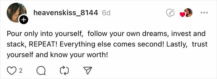 "Social media post advising women over 30 to invest in themselves, follow dreams, and know their worth."