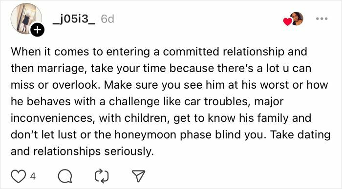 "Text advice on avoiding mistakes in relationships for women over 30, emphasizing patience and understanding challenges."