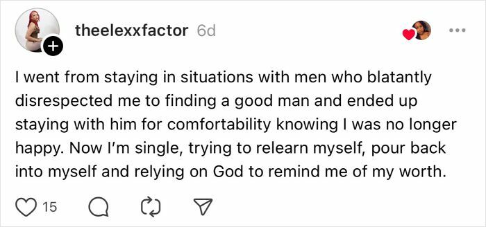 Social media post about relationships and self-discovery shared by a woman over 30.