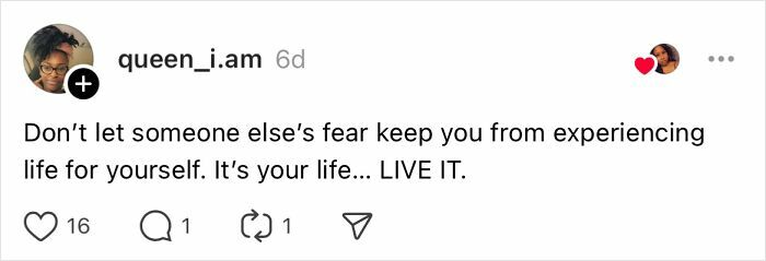 "Social media post by queen_i.am about overcoming fear and living life, related to women's life lessons over 30."