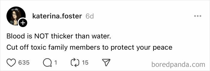 Post by katerina.foster about avoiding toxic family, with 635 likes and 15 shares.