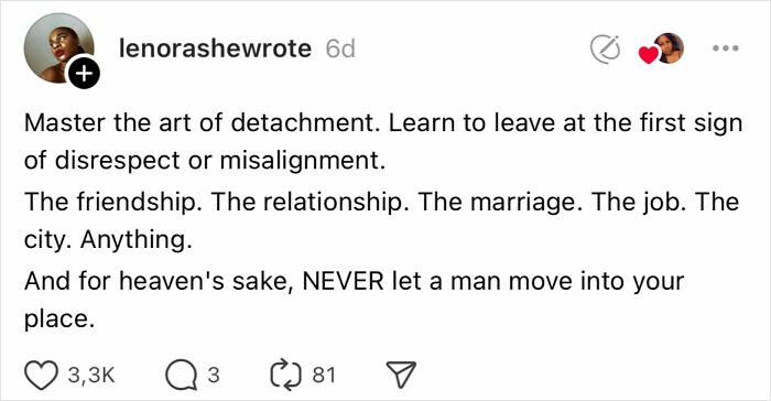 Text post about avoiding mistakes with emphasis on detachment in relationships and living arrangements.