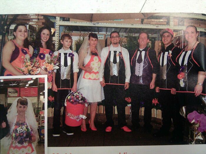 Wedding party in aprons and casual attire, showcasing a budget wedding theme.
