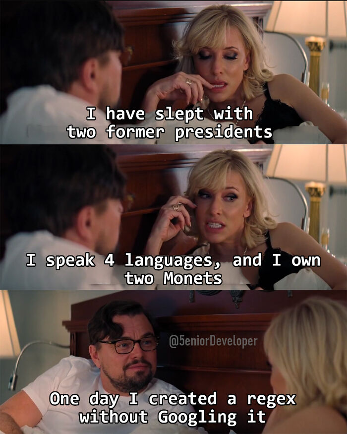 Programmer meme: person humorously compares accomplishments with creating regex without Googling.