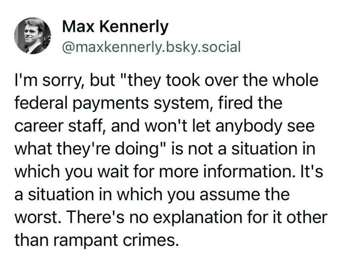 Screenshot of a social media post discussing a facepalm moment involving federal payment system takeover and lack of transparency.