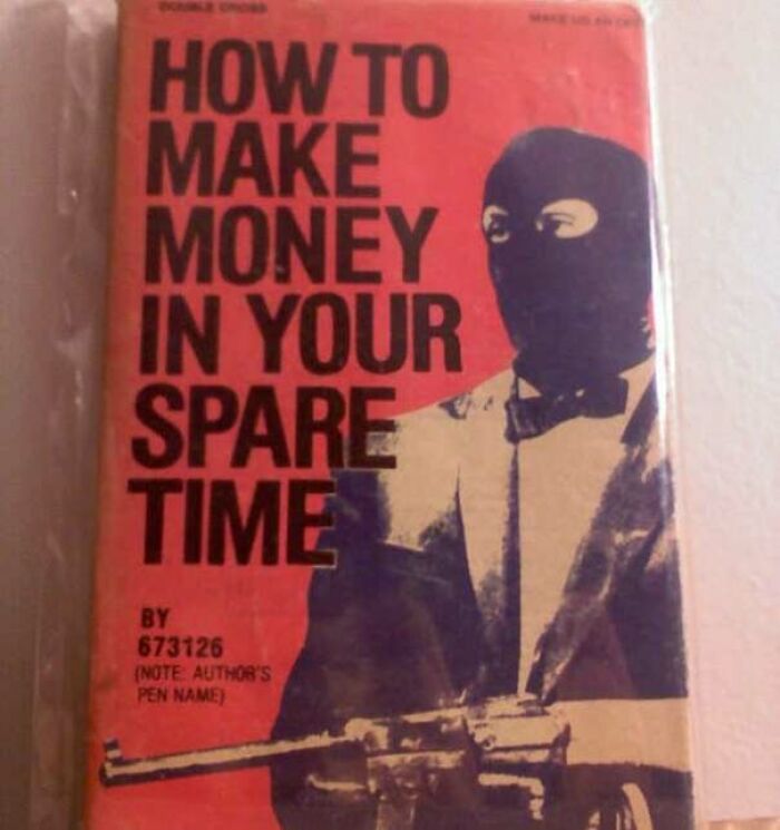 Terrible book cover with masked figure and "How to Make Money in Your Spare Time" title.
