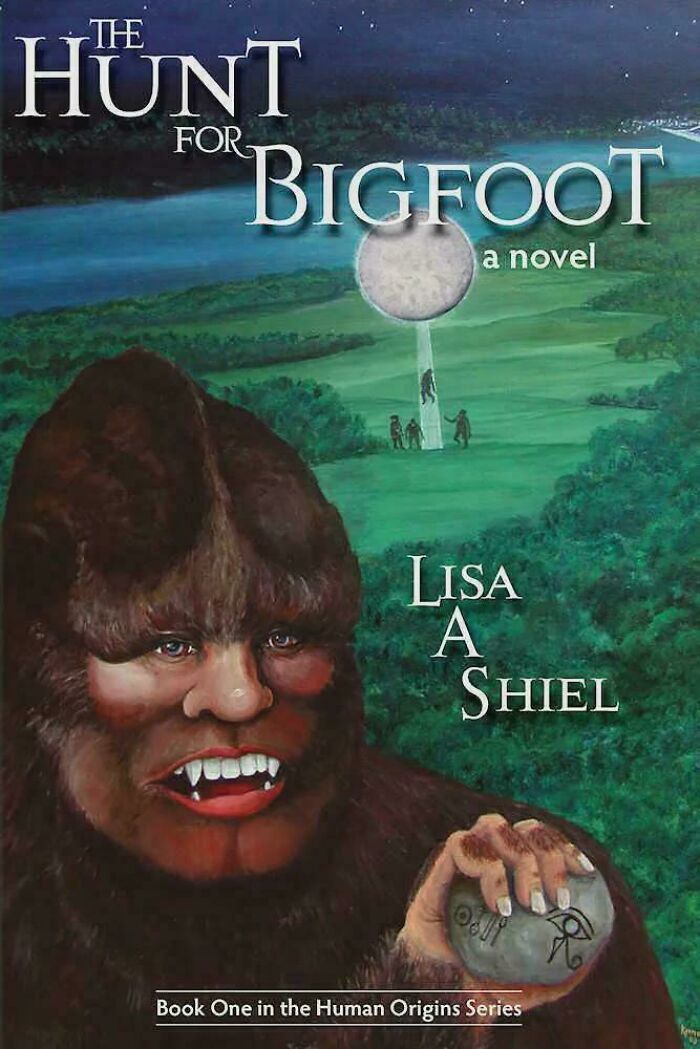 Terrible book cover featuring a Bigfoot with red lips, holding a rock, set against a moonlit forest background.