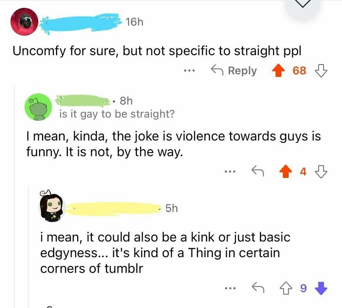 Social media comments discussing humor and edginess in certain online communities.