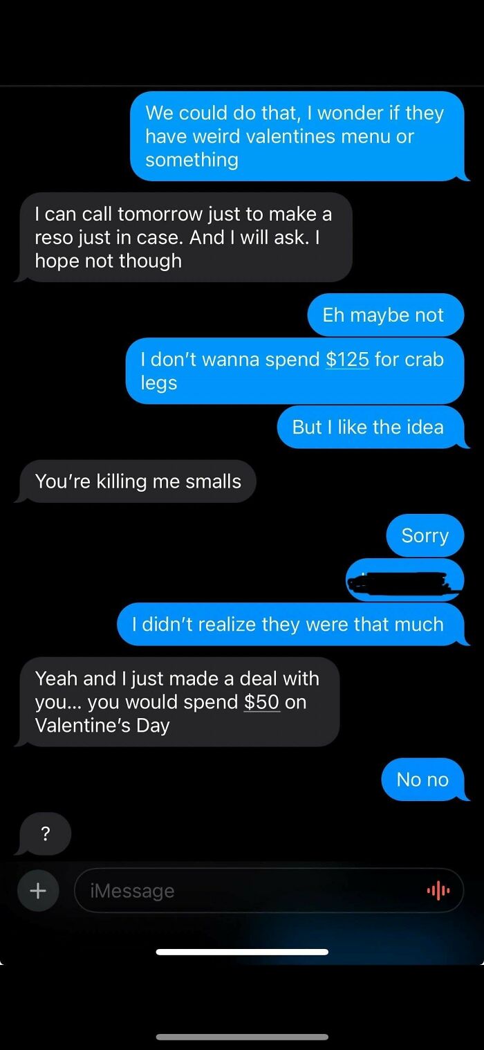 Text conversation about Valentine's dinner plans and spending $125 on crab legs.