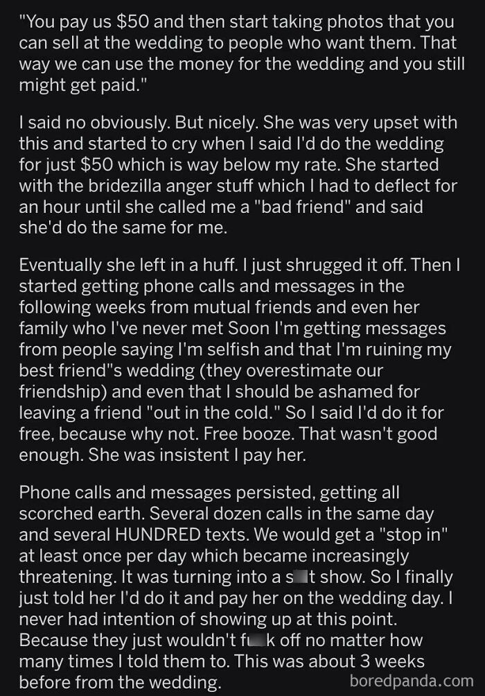 Text exchange illustrating budget-wedding fails and a heated discussion about photography payment for a friend's wedding.