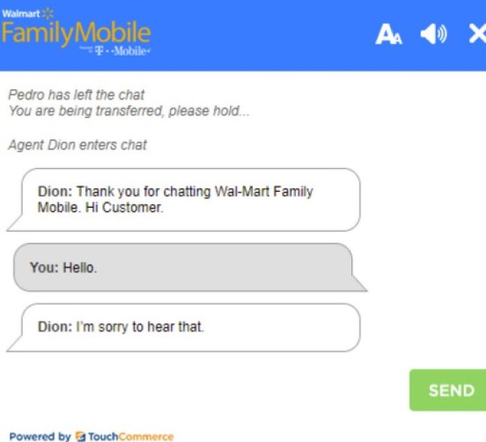 Chat transcript of a customer support interaction with Wal-Mart Family Mobile showing a confusing and unhelpful exchange.