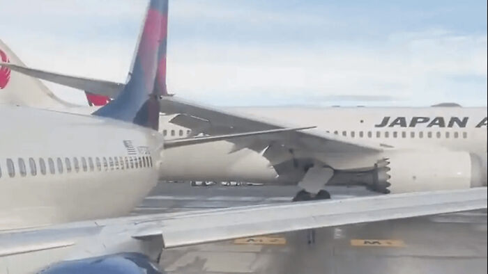 Two airplanes, one Delta and one Japan Air, on a tarmac; a mid-air accident captured. Accidents and fails that looked expensive.