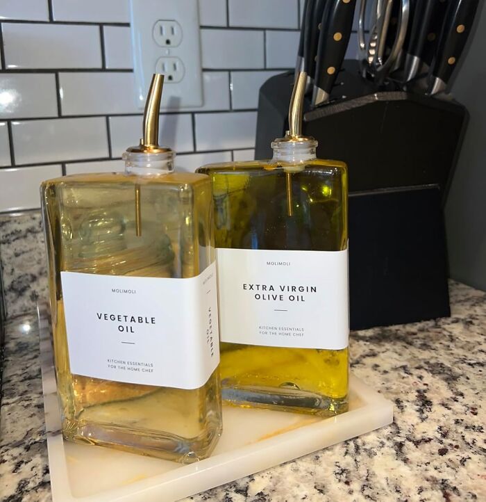 Stylish kitchen oil bottles; useful things that also look nice on a countertop.