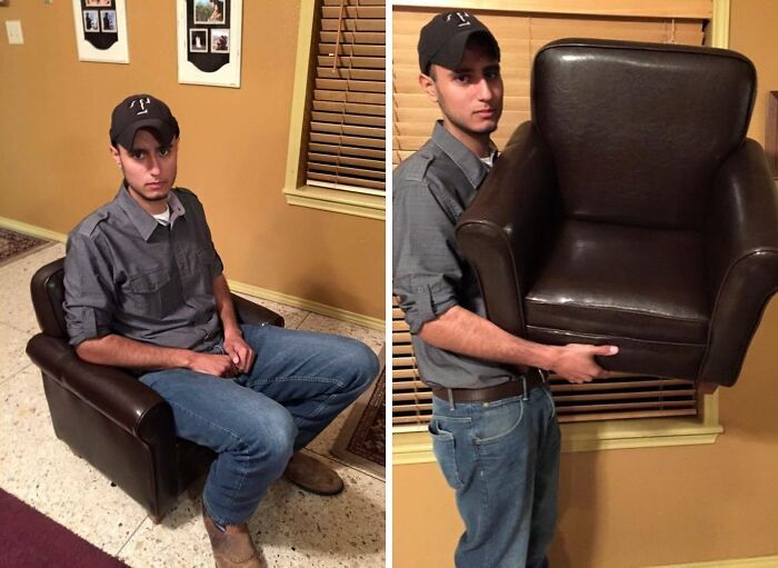 Man in a gray shirt humorously sitting in and holding a small chair, demonstrating hilarious misunderstandings with furniture size.