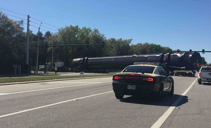 Police car directing large black object on Florida road, capturing wild moments in traffic management.