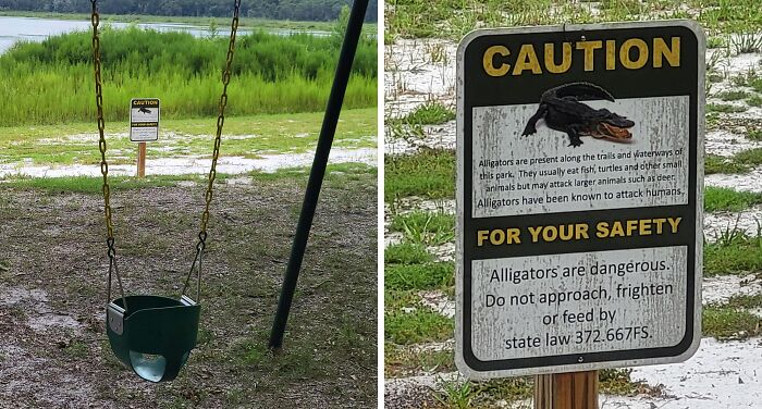Caution sign about alligators near a swing set by a lake in Florida emphasizing safety and wildlife awareness.