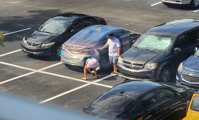 People wrapping a car in plastic wrap in a Florida parking lot, capturing a wild moment.