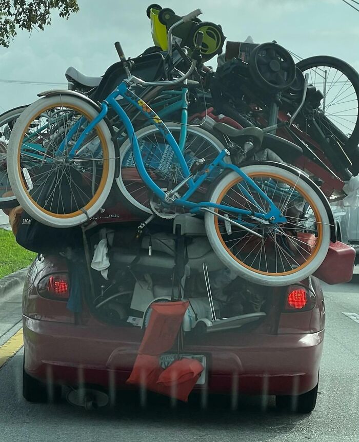 Overloaded car in Florida with bicycles and various items strapped on, capturing wild moments on the road.