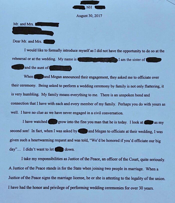 Letter addressed to a couple detailing experiences with wedding terrible guests.