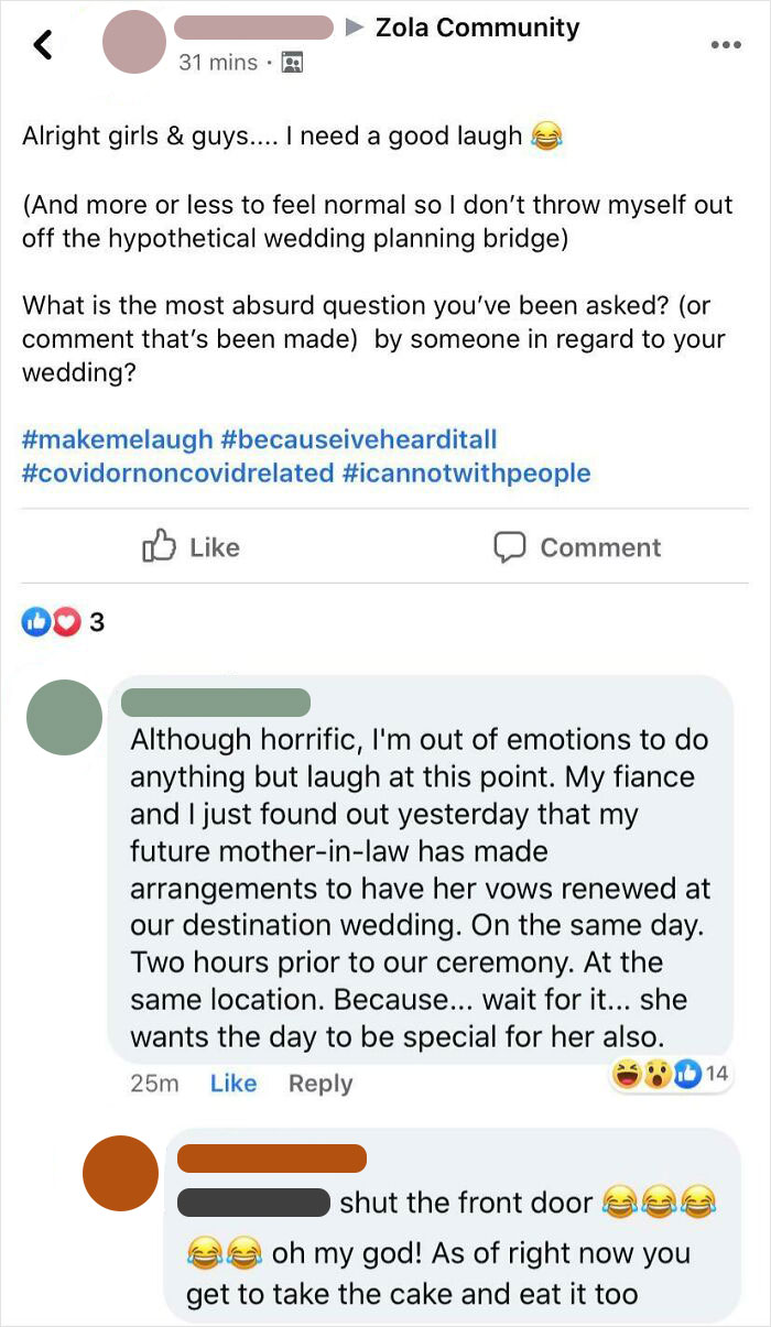 Social media post discussing a wedding with terrible guests, featuring a mother-in-law's vow renewal on the same day.