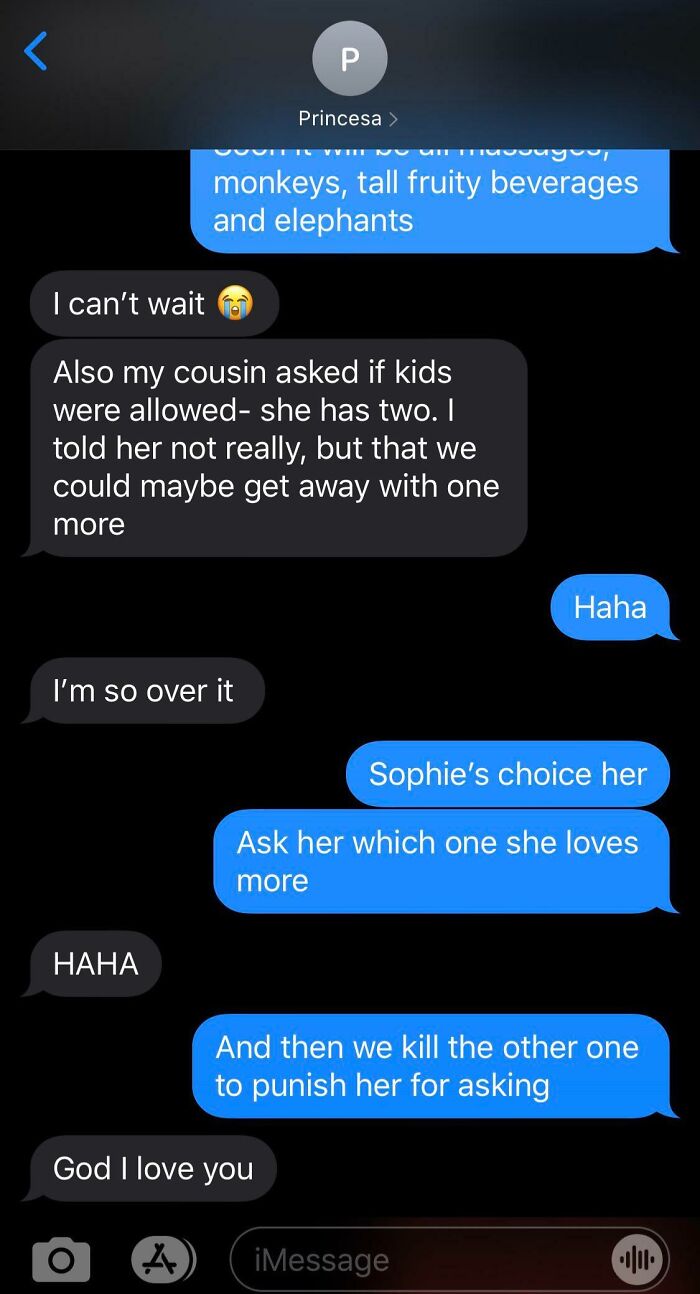 Text messages discussing wedding terrible guests and kids not allowed.