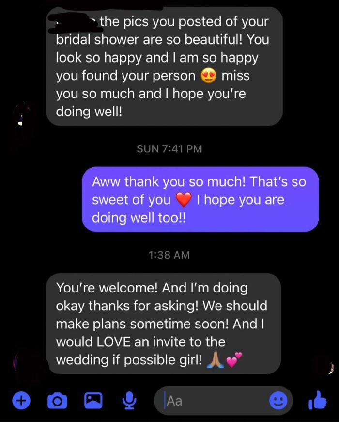 Text exchanges discussing bridal shower photos and a wedding invitation request; potential terrible guest situation.