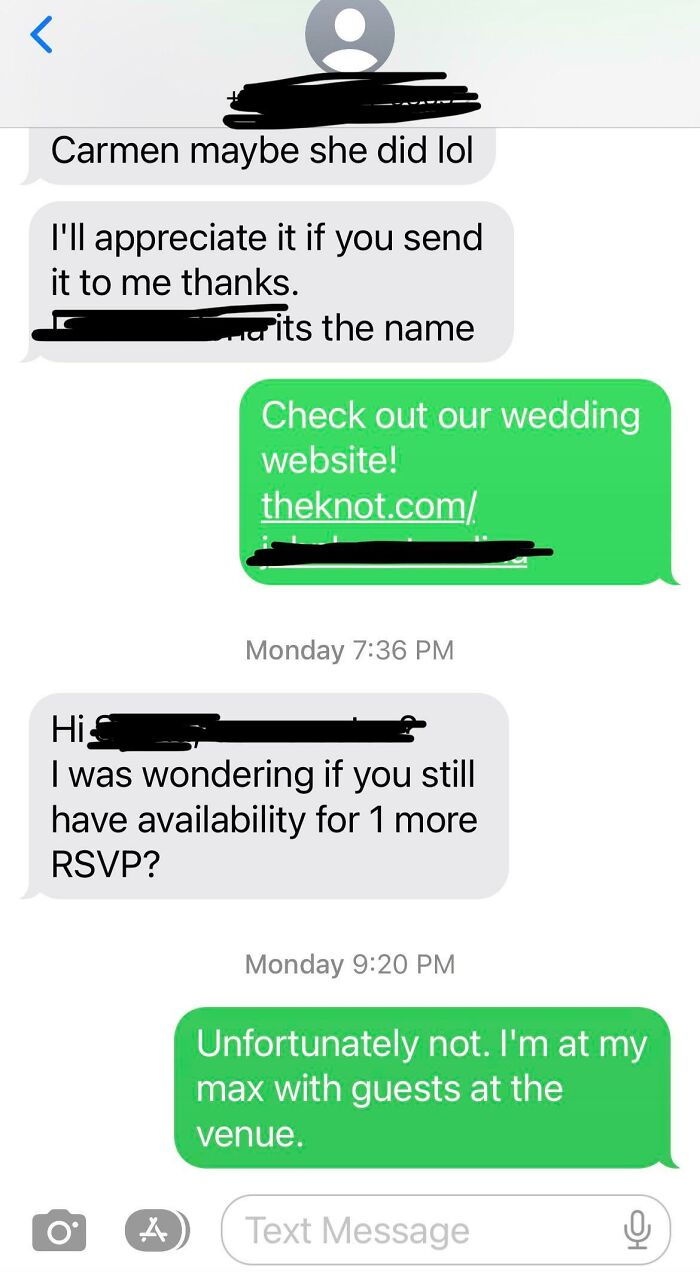 Text messages about wedding website and RSVP limits, illustrating terrible guests scenario.