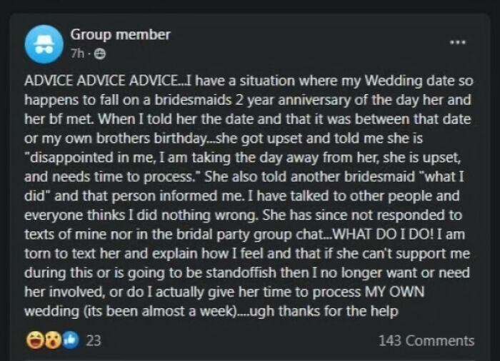 Social media post about wedding drama involving terrible guest issues with a bridesmaid.