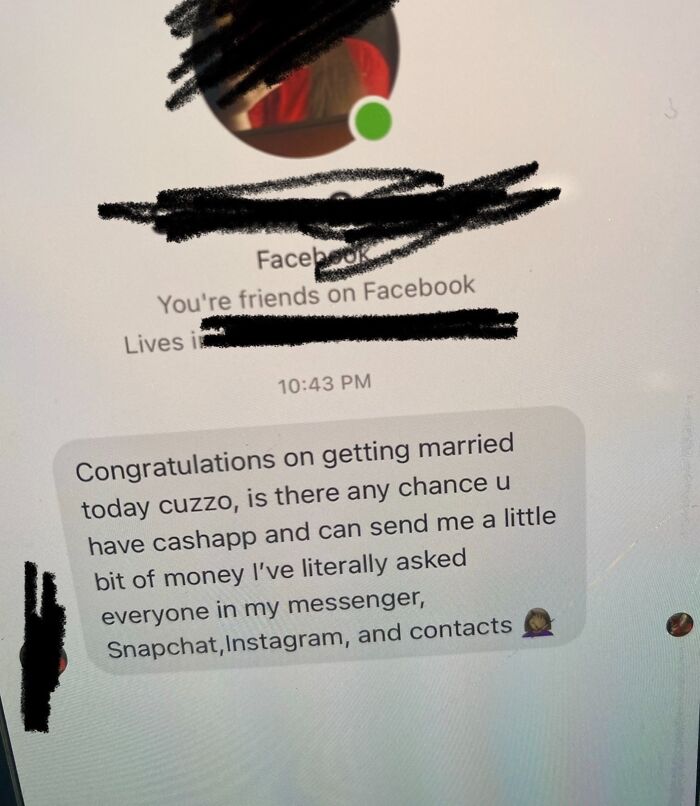 Guest at a wedding sends awkward money request via Facebook Messenger.