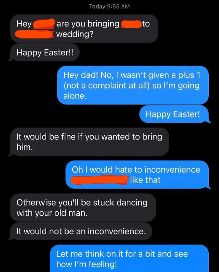 Text exchange with family about wedding invitations and guest issues.