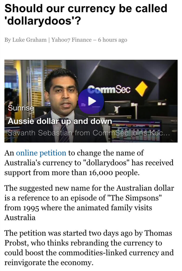 News screenshot discussing rebranding Australian dollar to "dollarydoos" as reported by CommSec on Hilarious News Headlines.