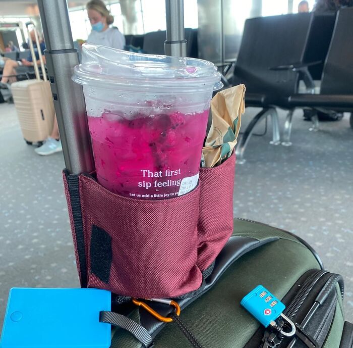 Travel items include a drink in a cup holder on luggage at an airport, helping avoid common travel mistakes.