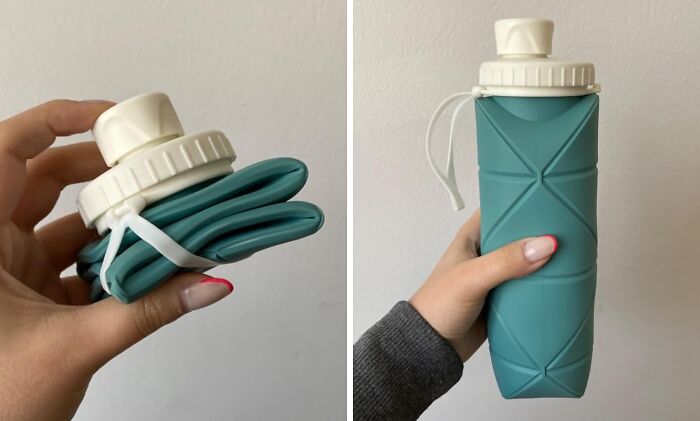 Collapsible teal water bottle, folded and expanded, perfect for avoiding travel mistakes.
