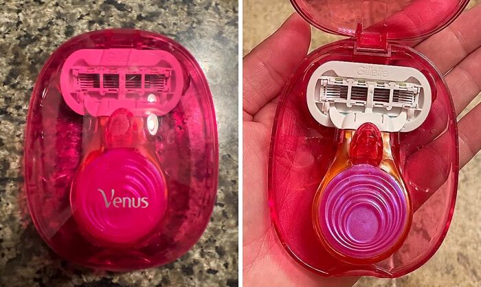 Pink travel razor case with Venus branding, compact and portable item for convenient shaving on trips.