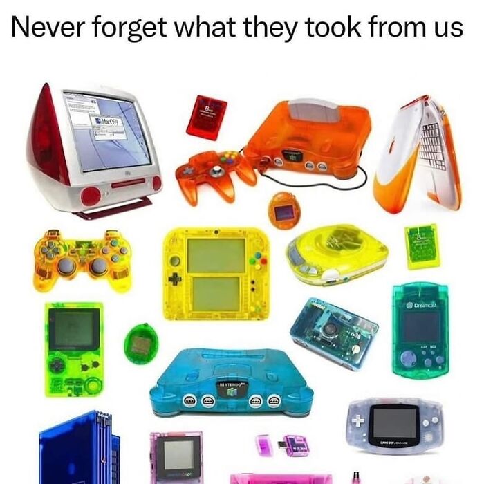 Collection of nostalgic translucent vintage gaming consoles and handheld devices showcasing memories from past decades.