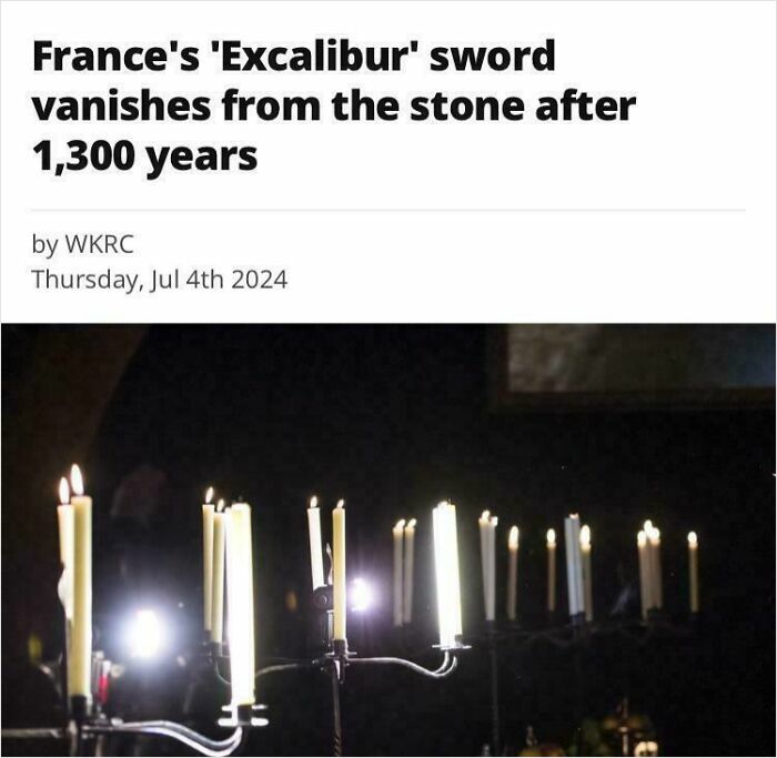 Candles in a dark room, under a headline about France's 'Excalibur' sword vanishing, referencing a real-life "Final Boss" encounter.