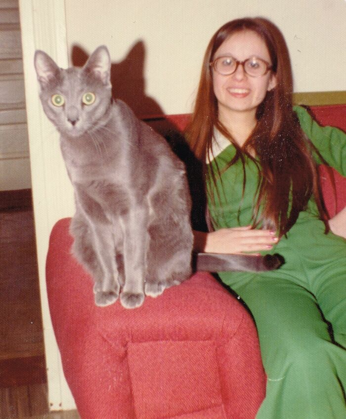 Vintage cat sitting on a red couch next to a smiling woman in glasses and a green outfit.