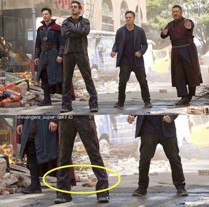 Group of actors in a movie scene highlighting questionable movie details with visual continuity errors on their footwear.