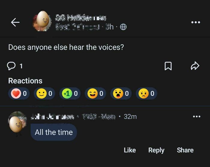 Screenshot of a wild post on a neighbors app showing a user asking about hearing voices and a reply saying all the time.