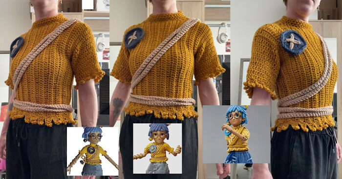 Person wearing a detailed mustard crochet top with decorative elements inspired by crochet masterpieces and handmade designs.