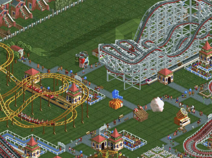 '90s amusement park simulation game with roller coasters and rides, capturing nostalgic gaming moments.