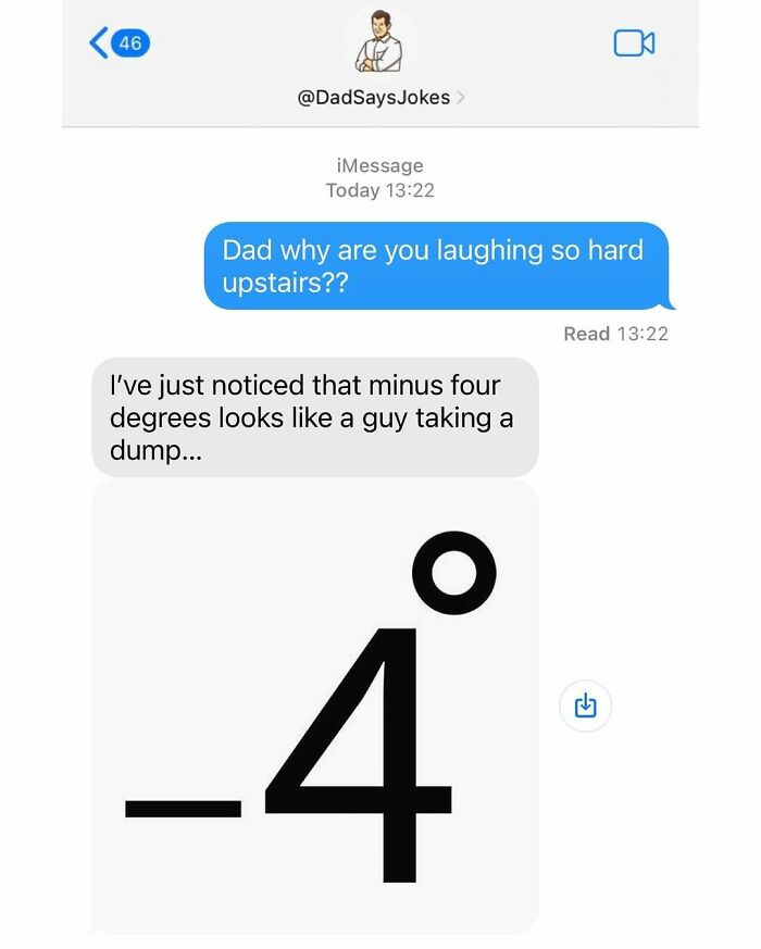 Text exchange featuring a dad joke about minus four degrees and its humorous visualization.