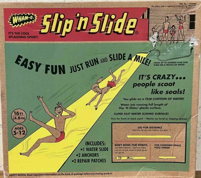 Vintage Slip 'n Slide packaging with kids playing, evokes nostalgia and makes you feel old.