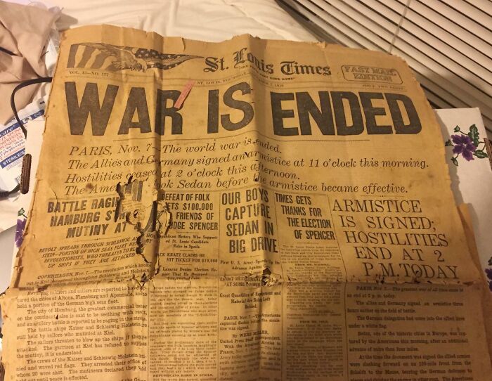 Antique newspaper announcing the end of war, a remarkable piece among cool-old-things representing historical news events.