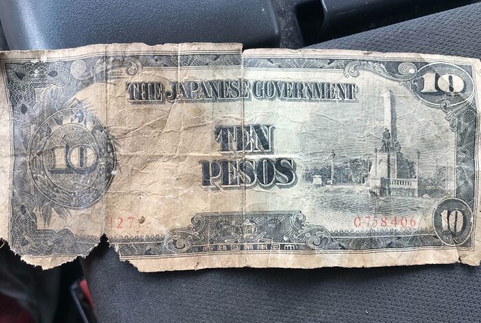 Worn ten pesos note issued by the Japanese government, representing cool-old-things, with a historical design.