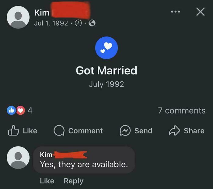 Boomer social media fail with marriage announcement and humorous comment reply.