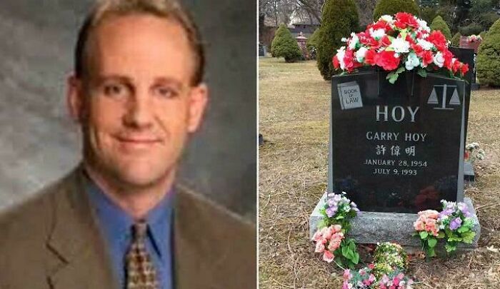 Portrait of a man in a suit next to a gravestone adorned with flowers, illustrating an interesting fact.