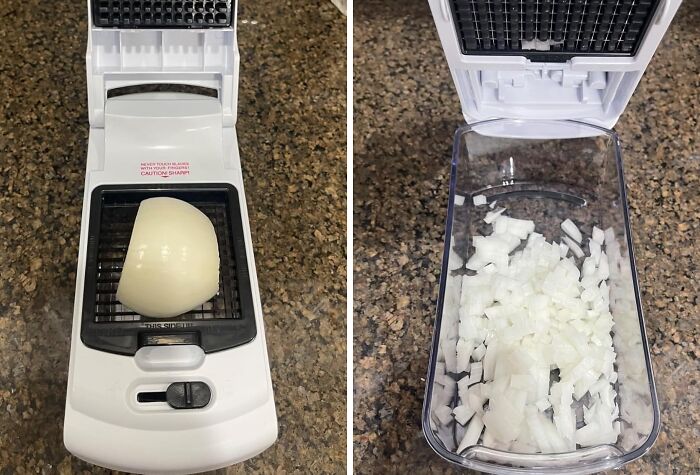 Onion chopper with a whole onion and diced pieces, showing its popularity among cult favorites.